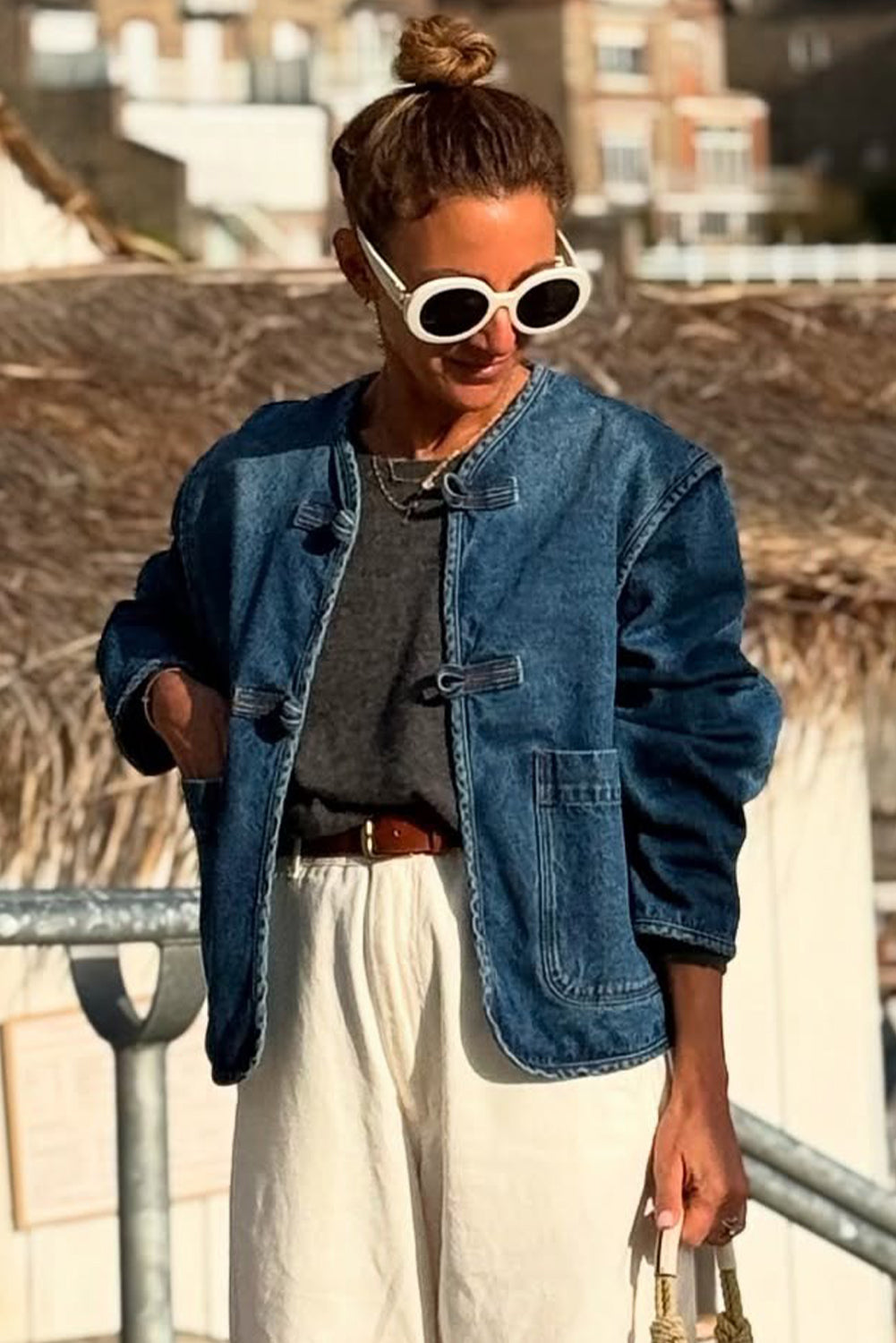 Sail Blue Vintage Fastening Big Patched Pockets Straight Cut Deep Wash Denim Jacket