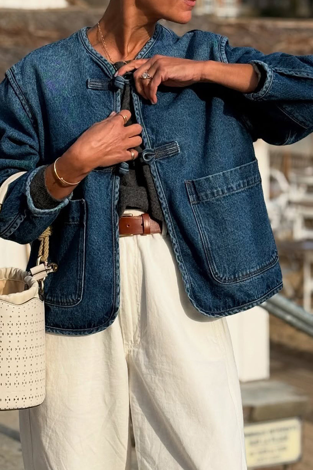 Sail Blue Vintage Fastening Big Patched Pockets Straight Cut Deep Wash Denim Jacket