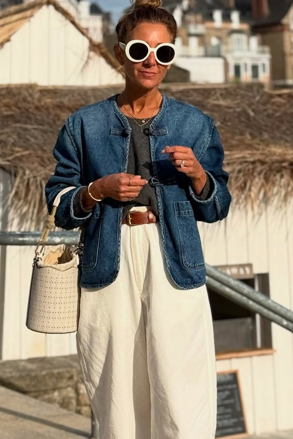 Sail Blue Vintage Fastening Big Patched Pockets Straight Cut Deep Wash Denim Jacket