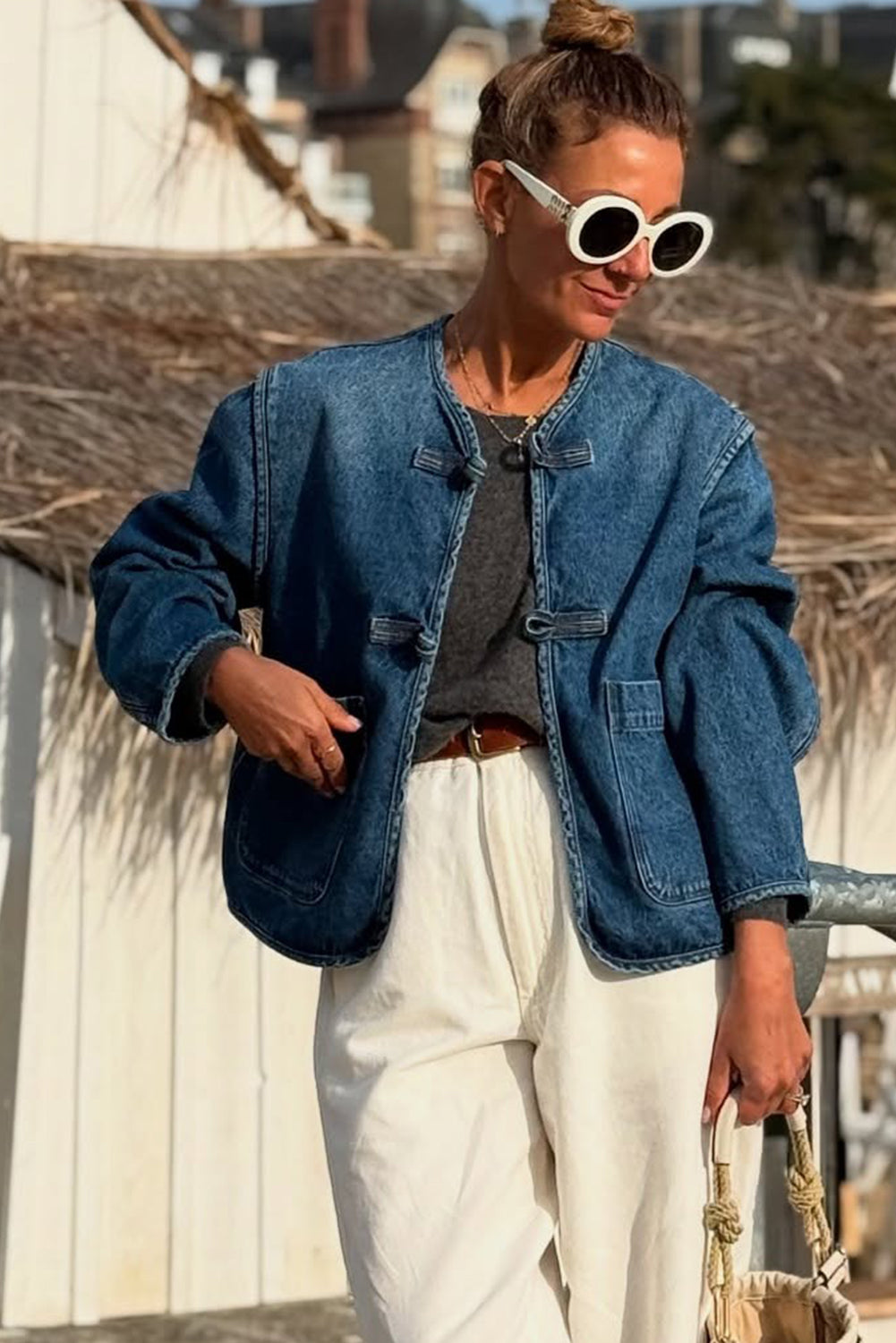 Sail Blue Vintage Fastening Big Patched Pockets Straight Cut Deep Wash Denim Jacket