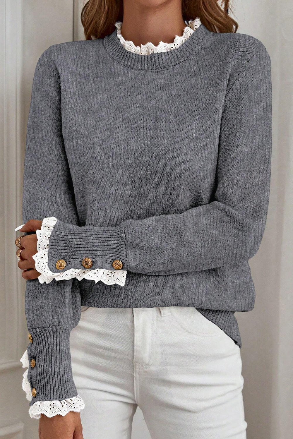 Sleet Lace Trim Patchwork Buttoned Cuffs Loose Sweater