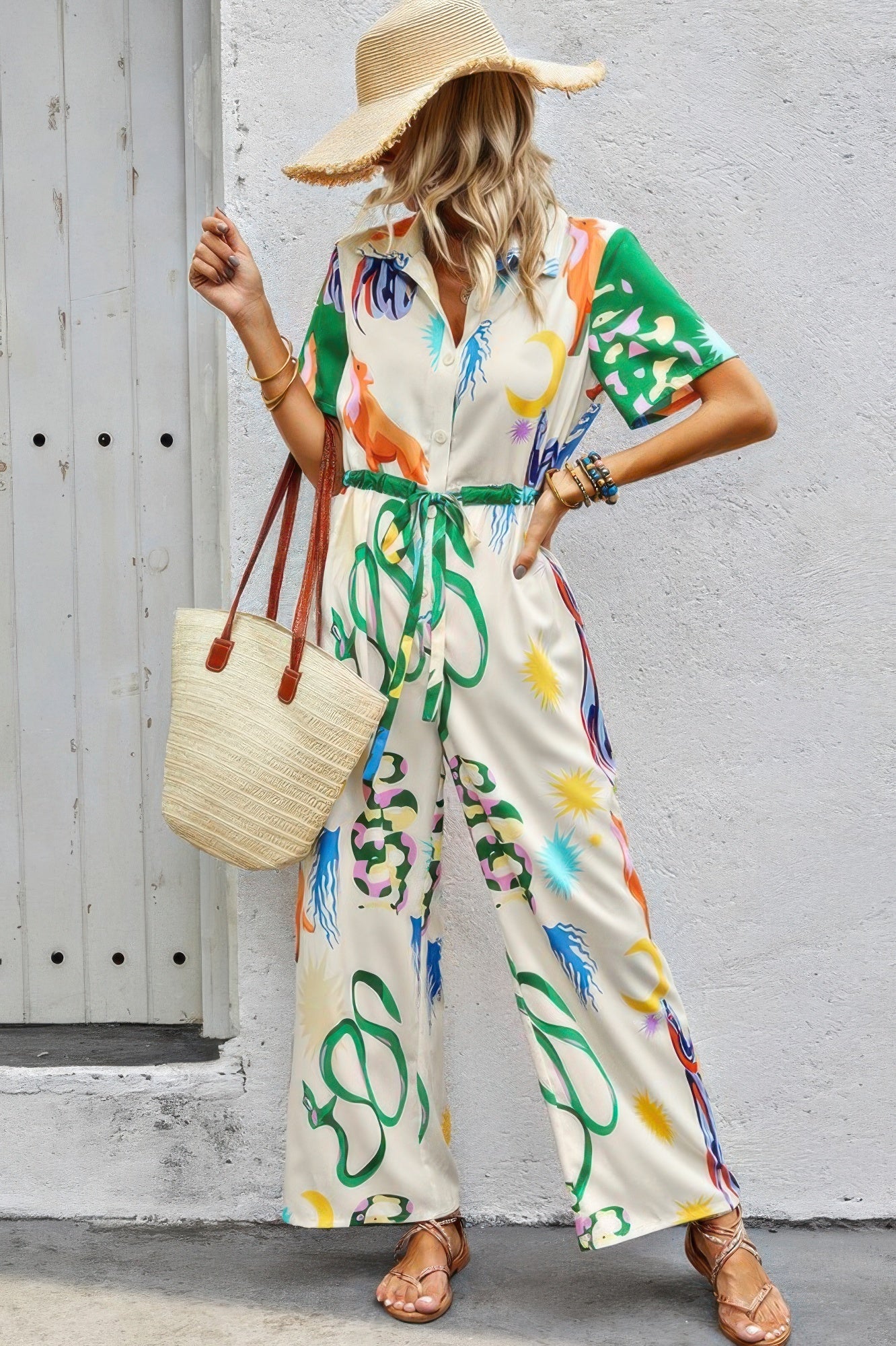 Allover Print Button Up Belt Jumpsuit