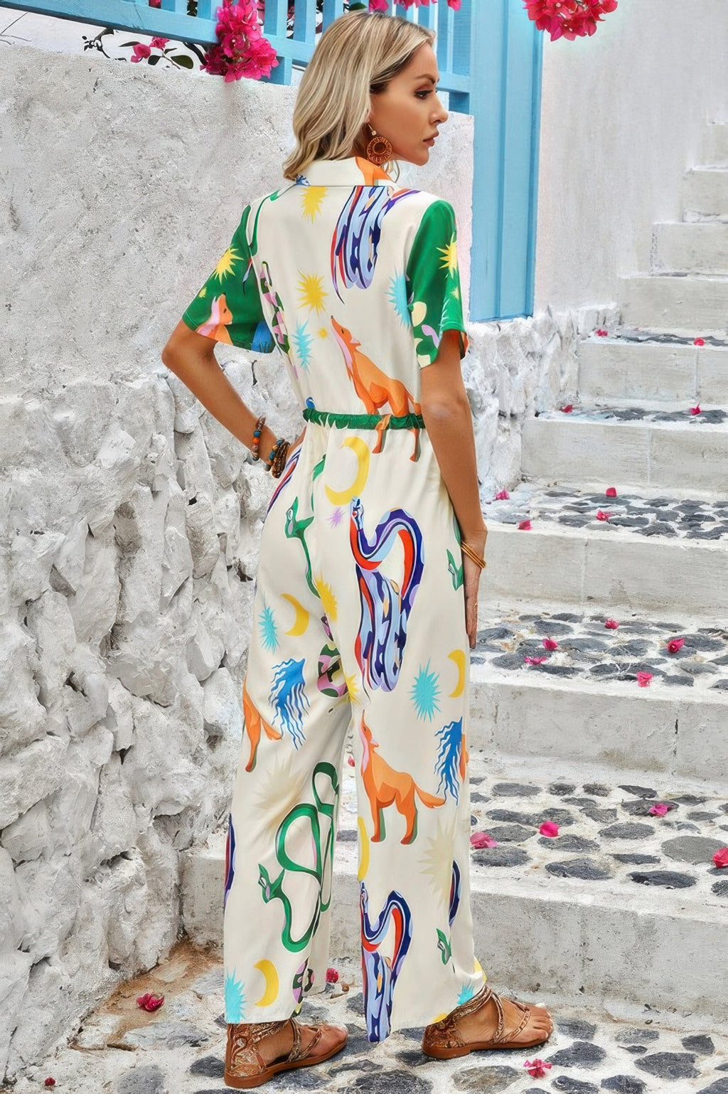 Allover Print Button Up Belt Jumpsuit