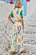 Allover Print Button Up Belt Jumpsuit