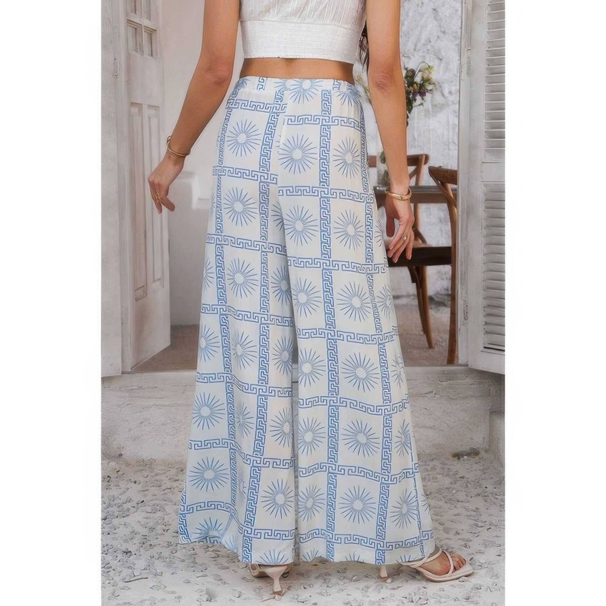 Allover Print Drawstring Pockets Wide Leg Pants