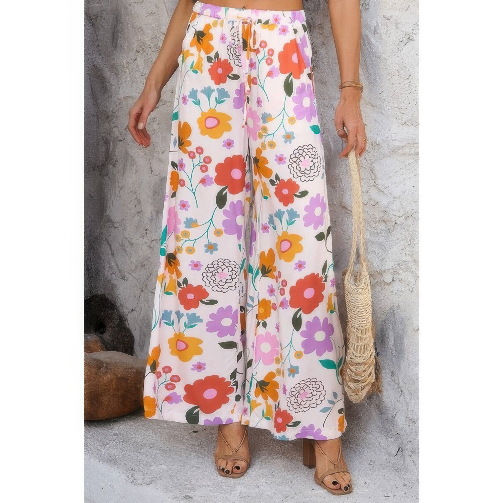 Allover Print Drawstring Pockets Wide Leg Pants