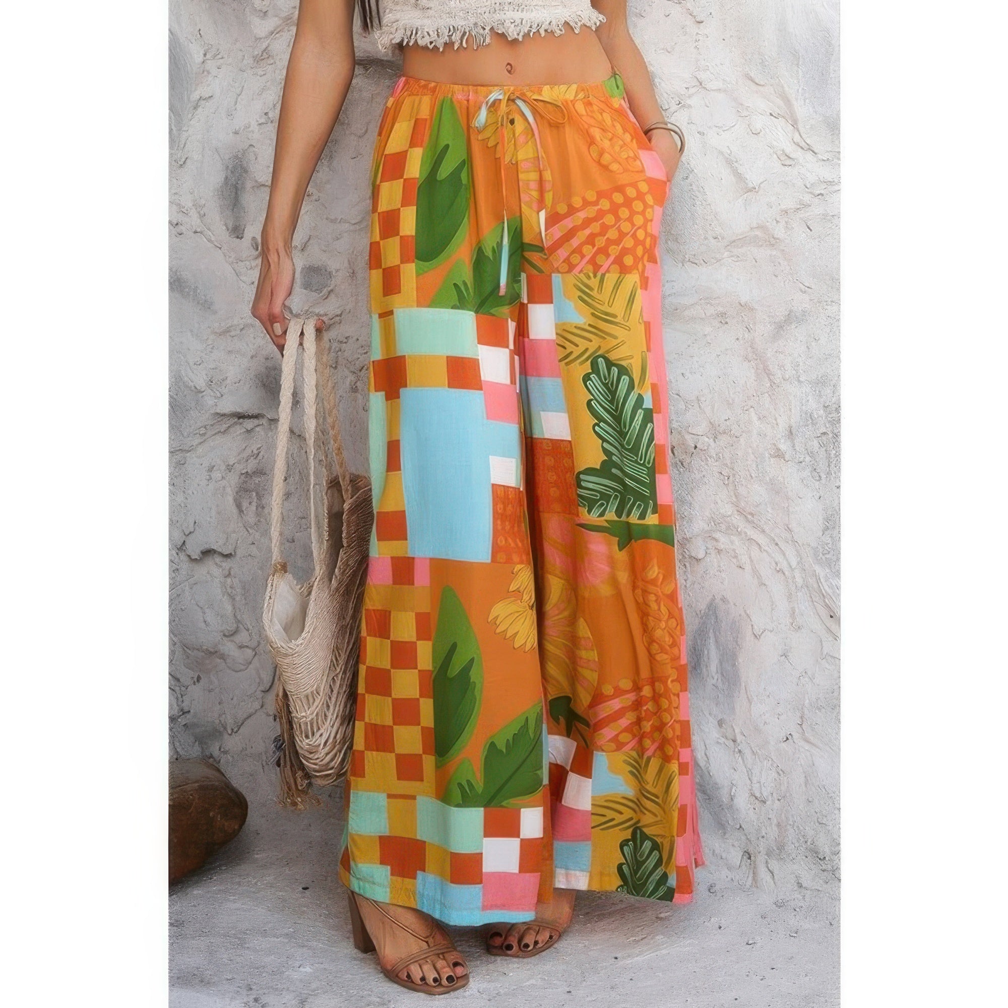 Allover Print Drawstring Pockets Wide Leg Pants