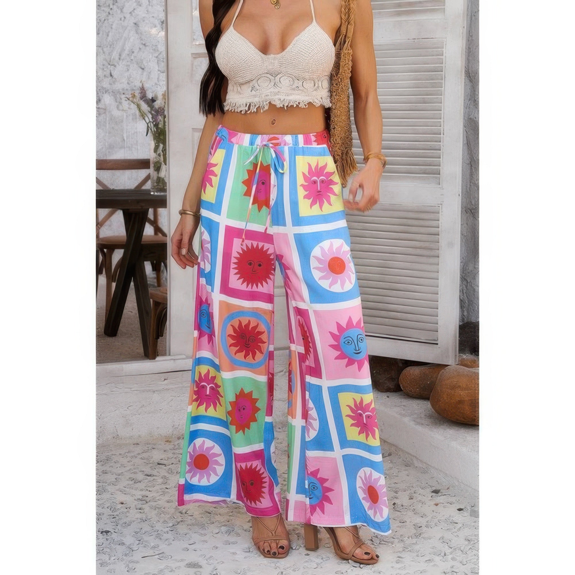 Allover Print Drawstring Pockets Wide Leg Pants