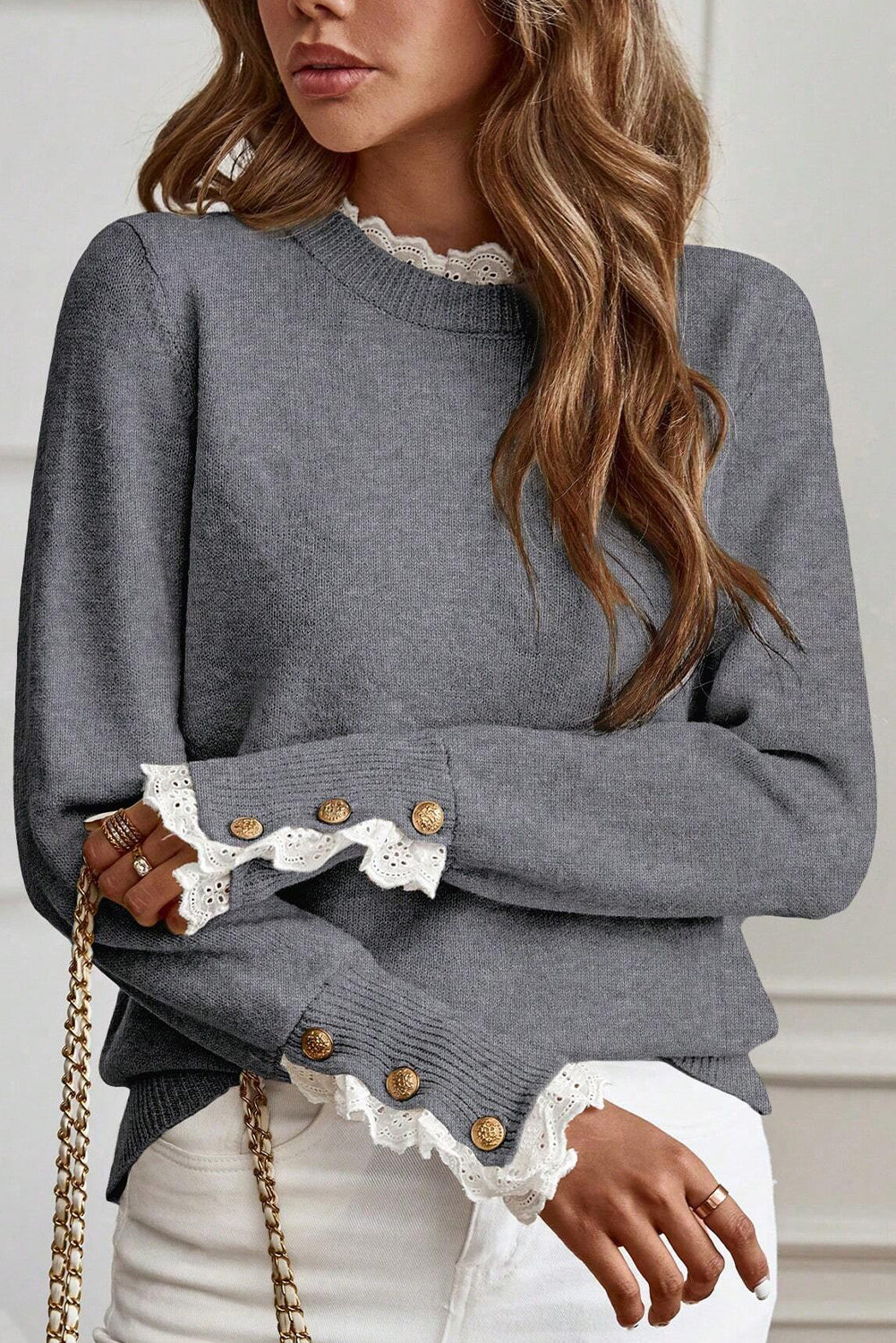 Sleet Lace Trim Patchwork Buttoned Cuffs Loose Sweater