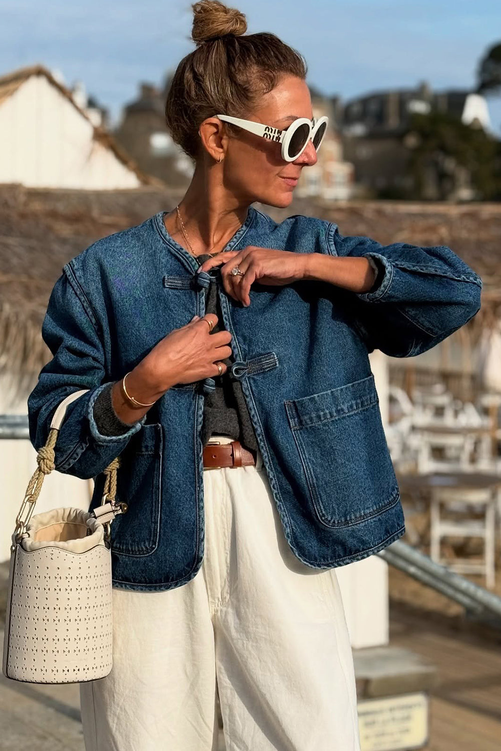 Sail Blue Vintage Fastening Big Patched Pockets Straight Cut Deep Wash Denim Jacket