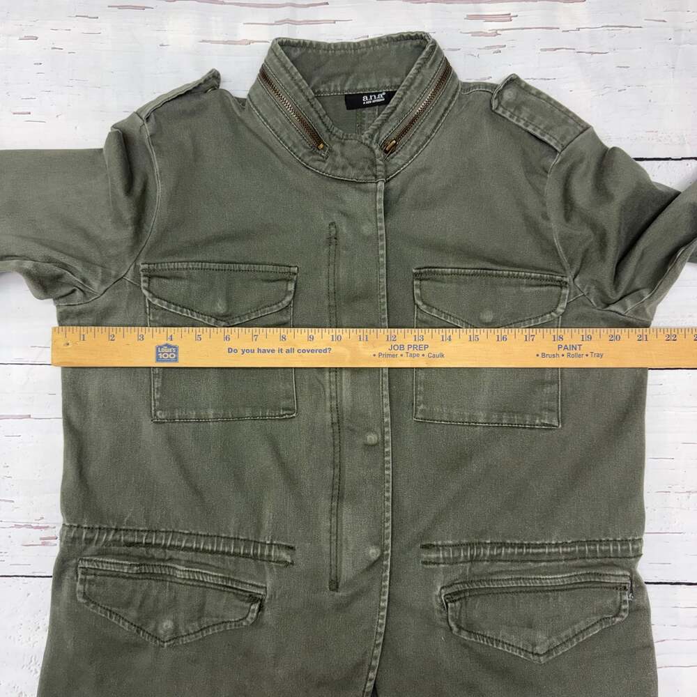 a.n.a. woman's L military style jacket zip snap pockets drawstring waist Olive