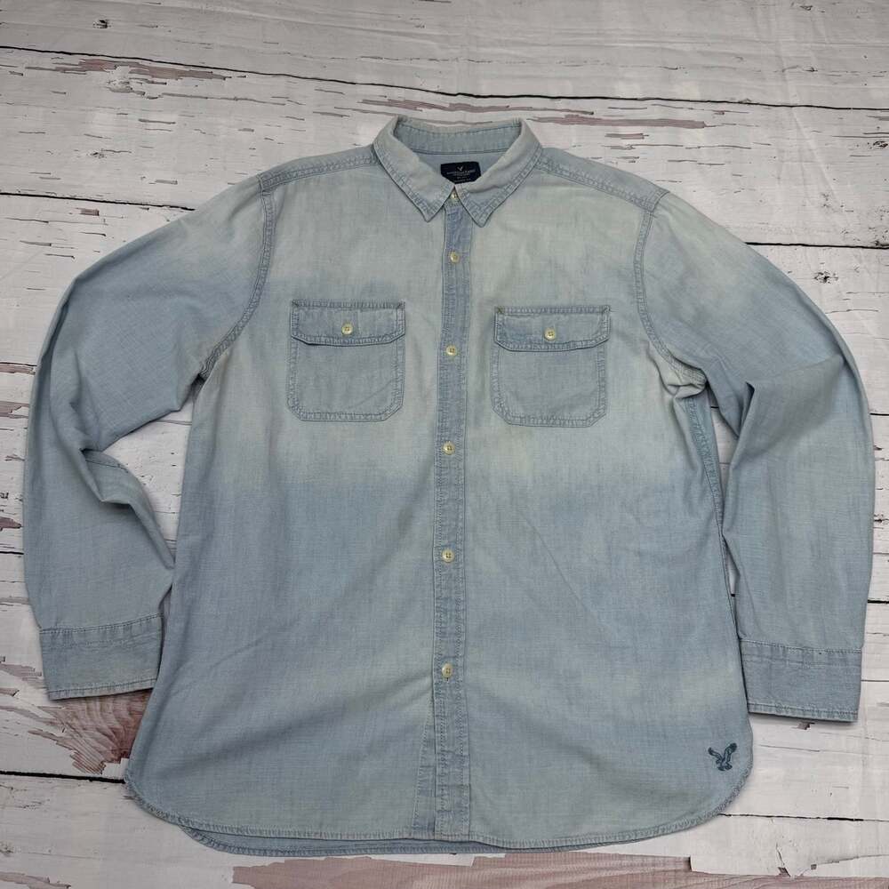 American Eagle Denim Shirt Mens Large Blue Long Sleeve Button Up Classic Fit