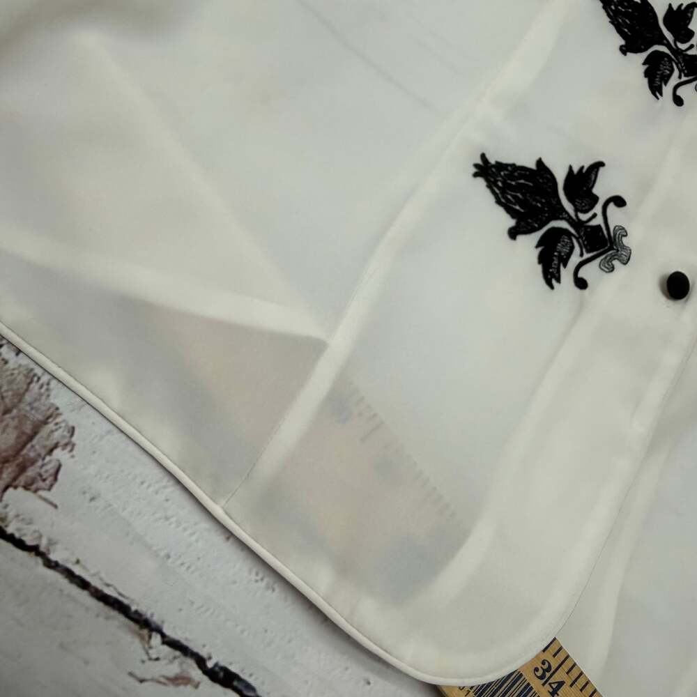 Dress Barn Vintage Ivory Mandarian Top Blouse with Black Fleur De Lis Embroidery