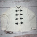 Dress Barn Vintage Ivory Mandarian Top Blouse with Black Fleur De Lis Embroidery
