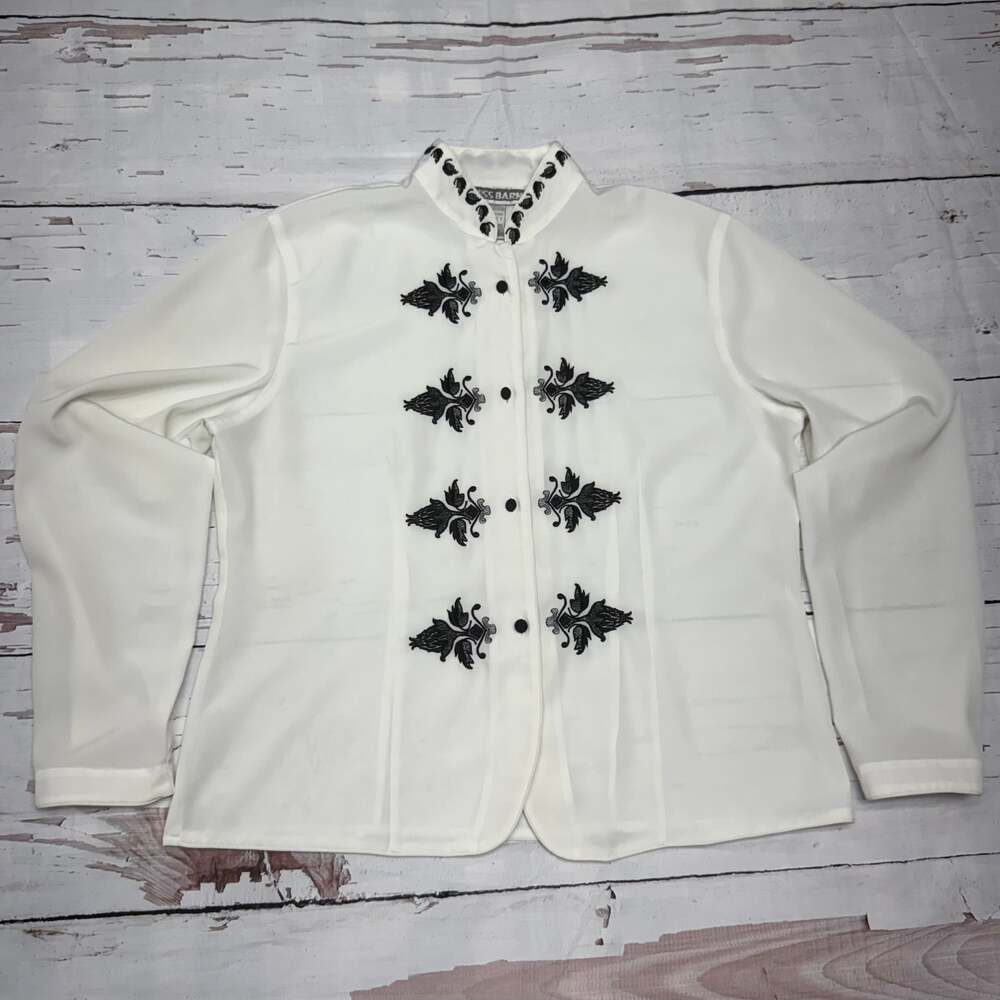Dress Barn Vintage Ivory Mandarian Top Blouse with Black Fleur De Lis Embroidery