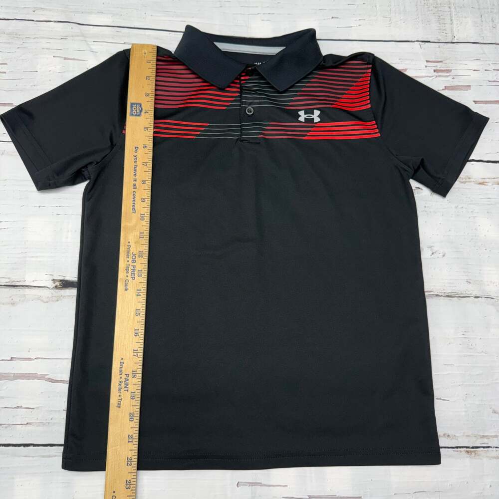 Under Armour Youth Boys Loose Fit Performance Golf Polo Shirt Black Red Stripe