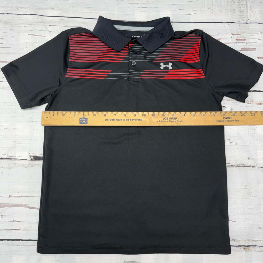 Under Armour Youth Boys Loose Fit Performance Golf Polo Shirt Black Red Stripe