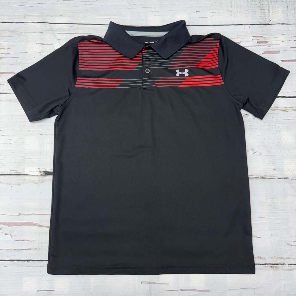 Under Armour Youth Boys Loose Fit Performance Golf Polo Shirt Black Red Stripe