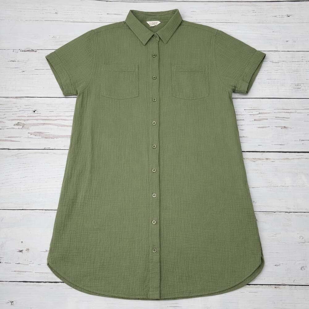 Weatherproof Vintage Women's Green Cotton Gauze SS Button Down Shirt Dress