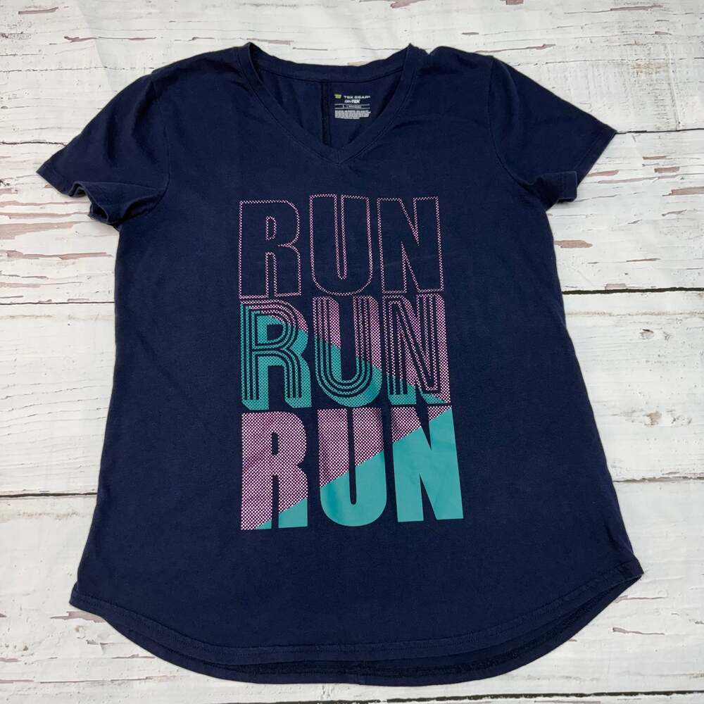 Tek Gear DryTek Women's Navy Blue V-Neck Run Run Run Graphic Tee Shirt Size Larg