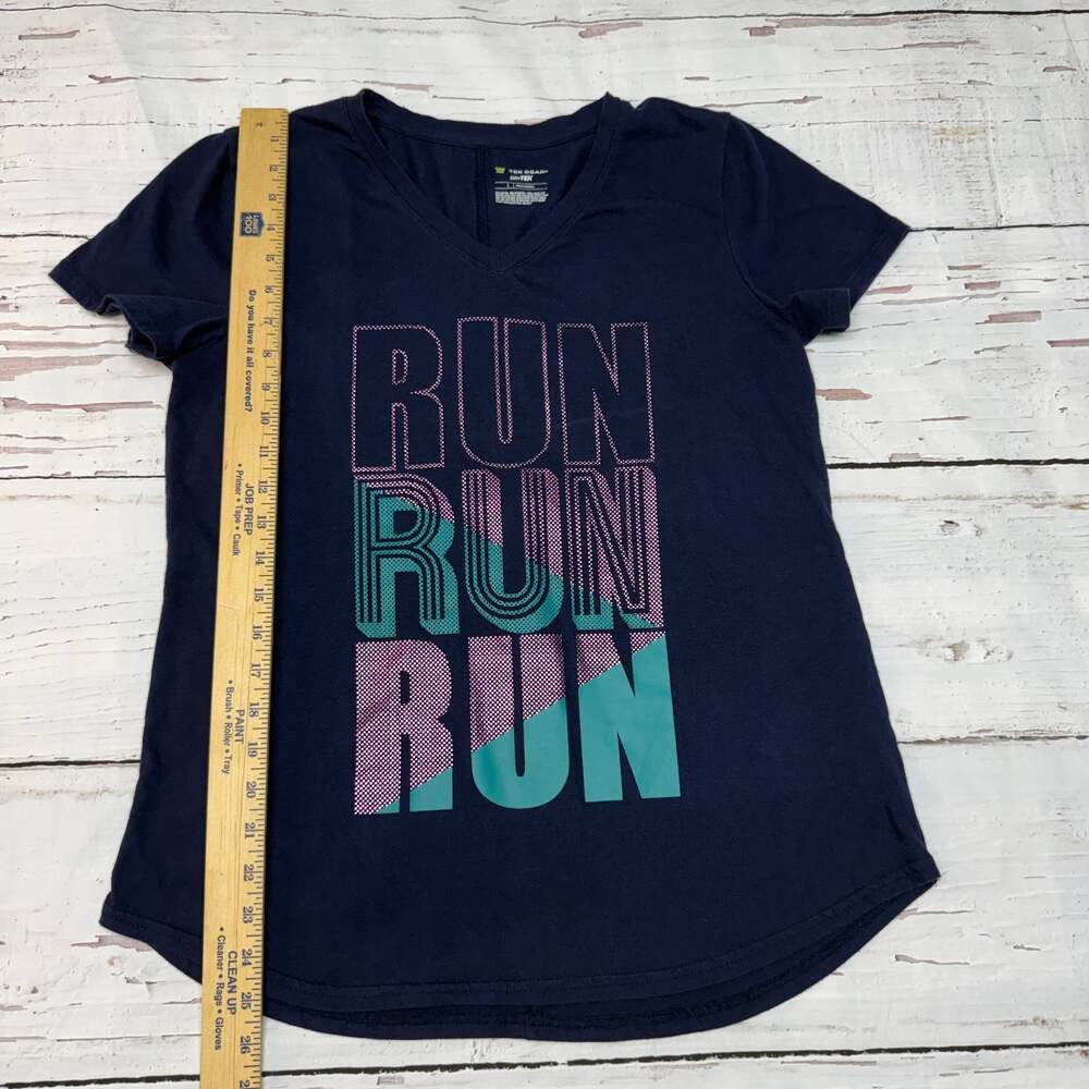 Tek Gear DryTek Women's Navy Blue V-Neck Run Run Run Graphic Tee Shirt Size Larg