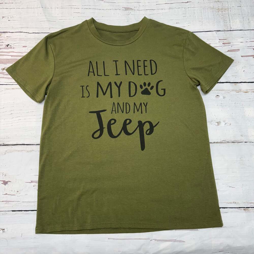 All I Need Is My Dog And My Jeep Olive Green Graphic T-Shirt L