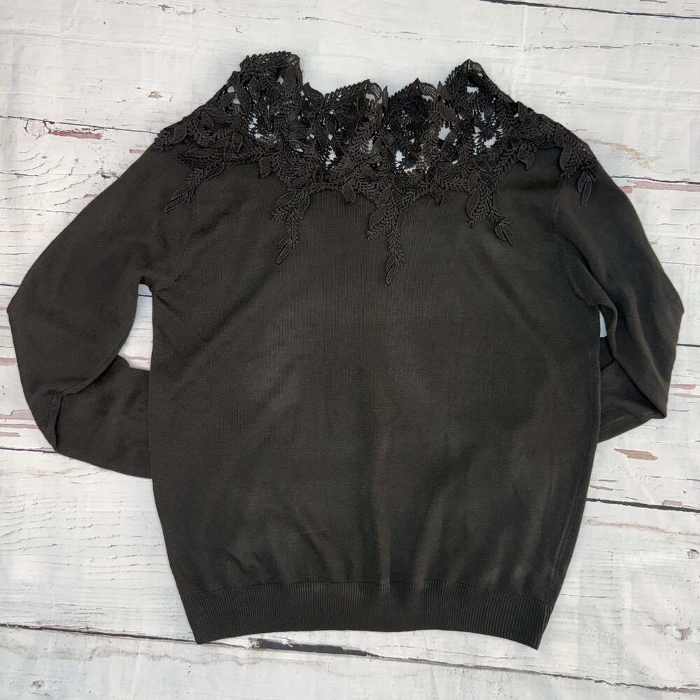Black Lace Yoke Knit Sweater Long Sleeve Size L